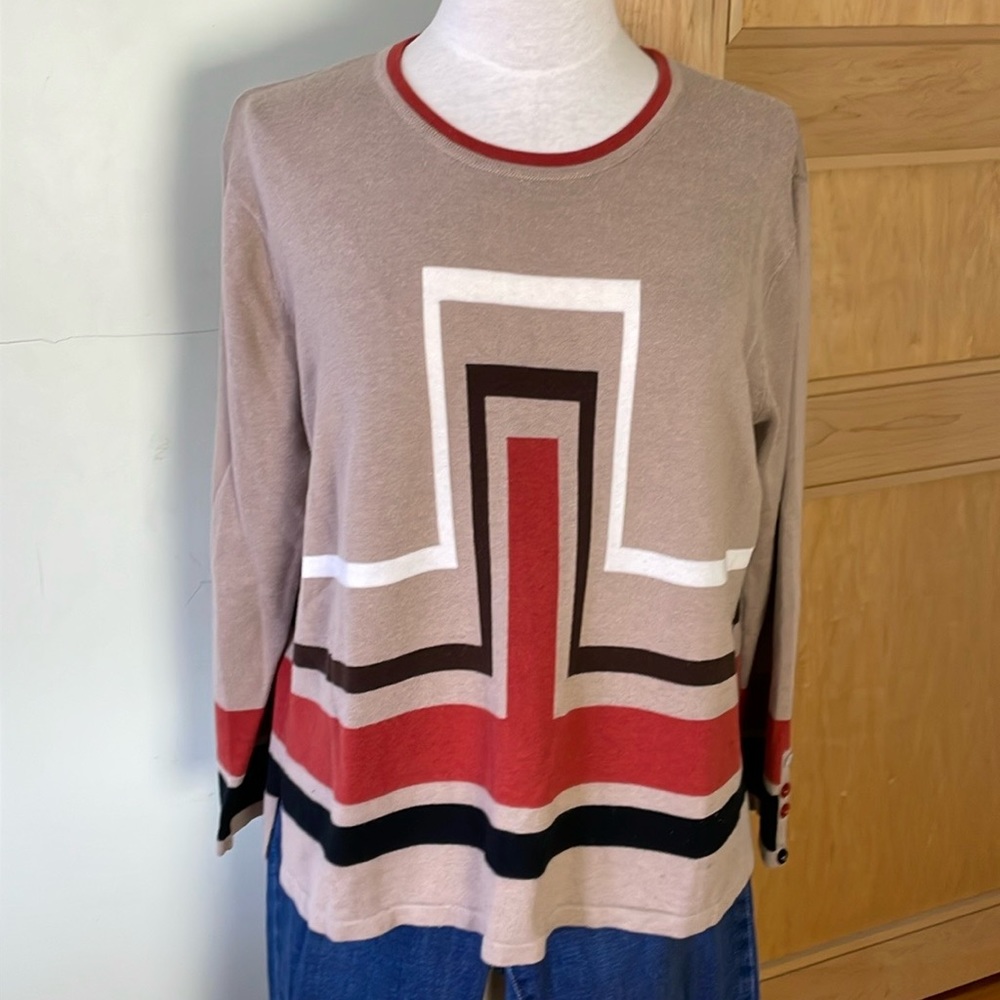 TRISTAN Crew Neck 3/4 Sleeve Sand Colour Geometric Sweater, Size L